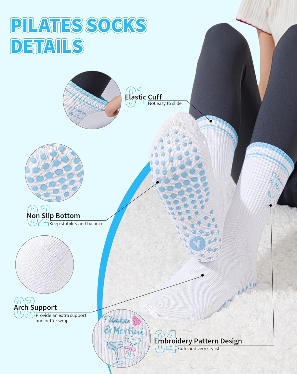 Yawlsow Pilates 女式防滑袜 瑜伽 抓地力袜 可爱 Barre 防滑运动船员 粘性袜子 锻炼 医院