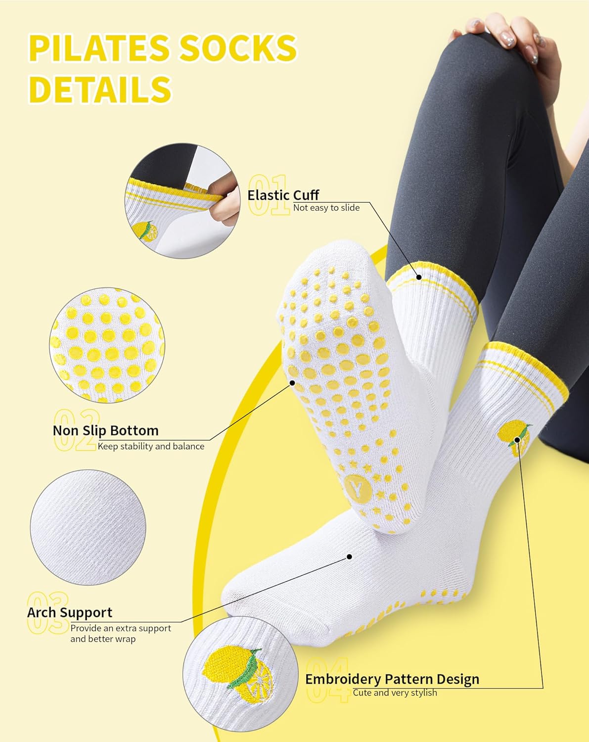 Yawlsow Pilates 女式防滑袜 瑜伽 抓地力袜 可爱 Barre 防滑运动船员 粘性袜子 锻炼 医院