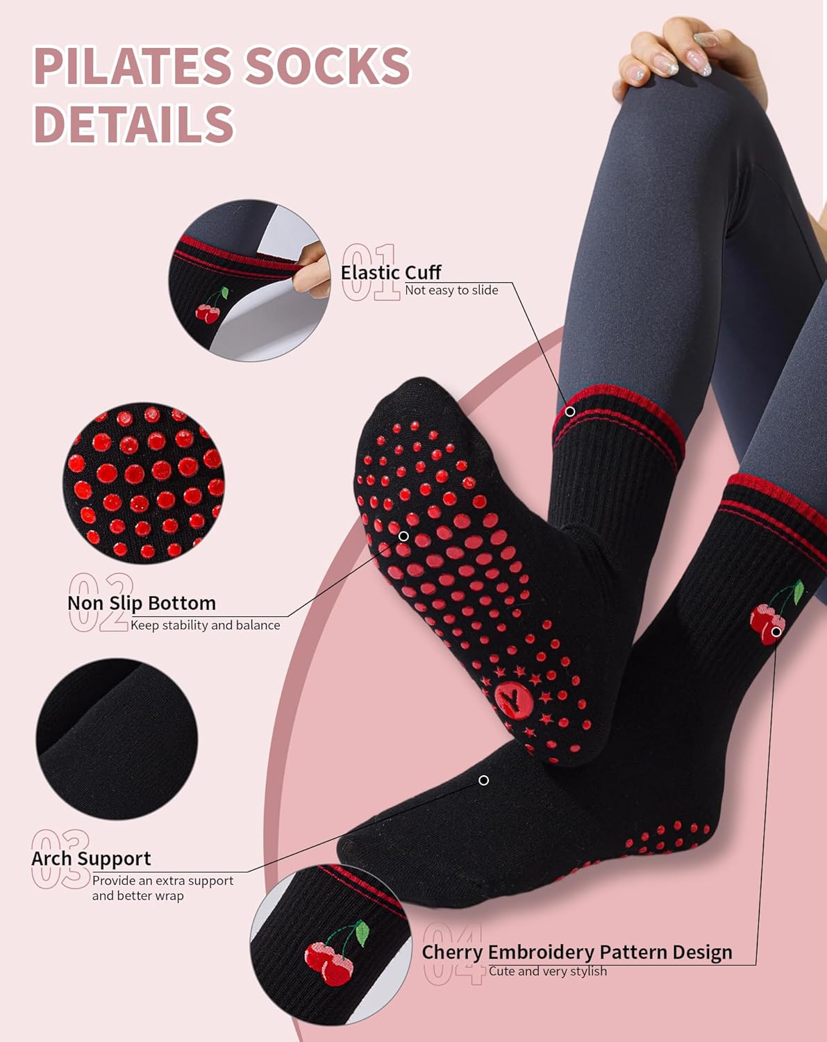 Yawlsow Pilates 女式防滑袜 瑜伽 抓地力袜 可爱 Barre 防滑运动船员 粘性袜子 锻炼 医院