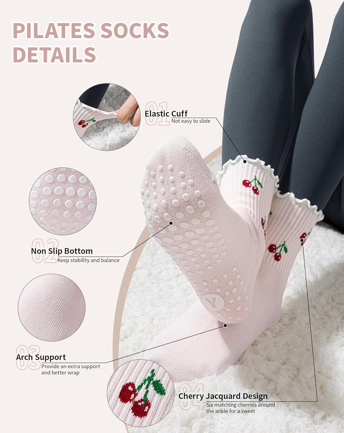 Yawlsow Pilates 女式防滑袜 瑜伽 抓地力袜 可爱 Barre 防滑运动船员 粘性袜子 锻炼 医院