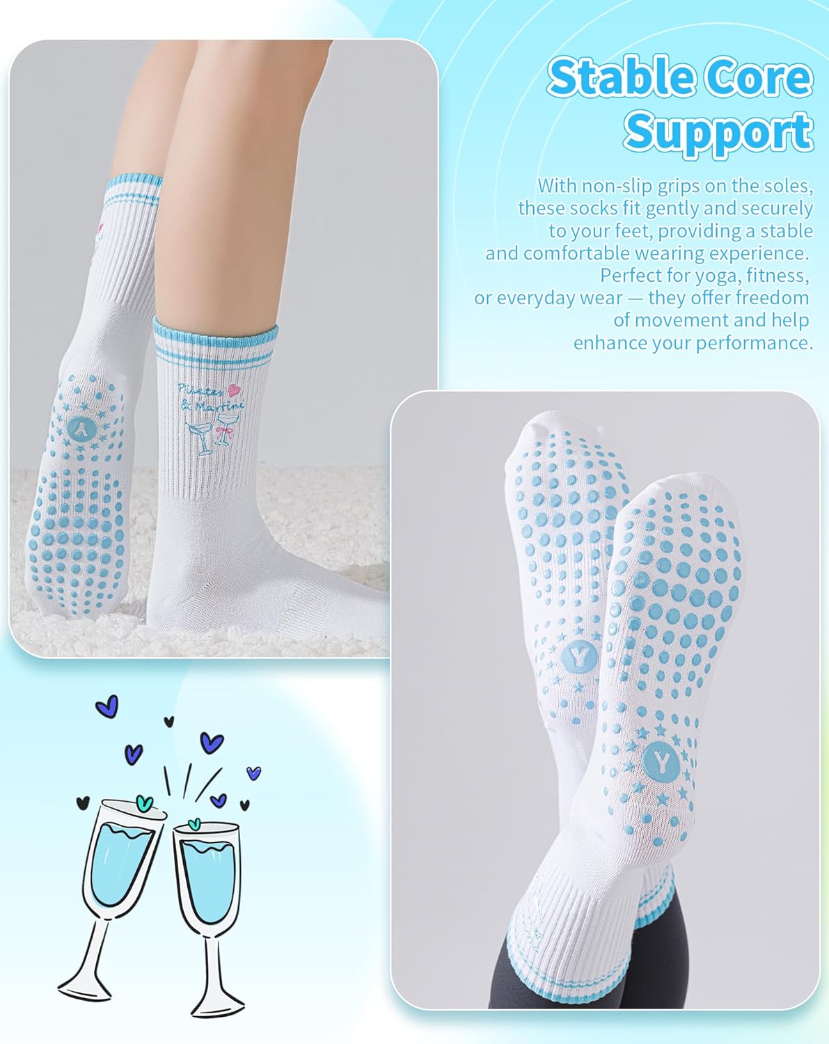 Yawlsow Pilates 女式防滑袜 瑜伽 抓地力袜 可爱 Barre 防滑运动船员 粘性袜子 锻炼 医院