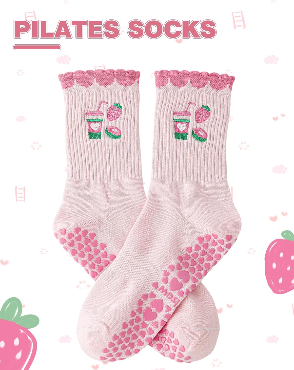 Yawlsow Pilates 女式防滑袜 瑜伽 抓地力袜 可爱 Barre 防滑运动船员 粘性袜子 锻炼 医院