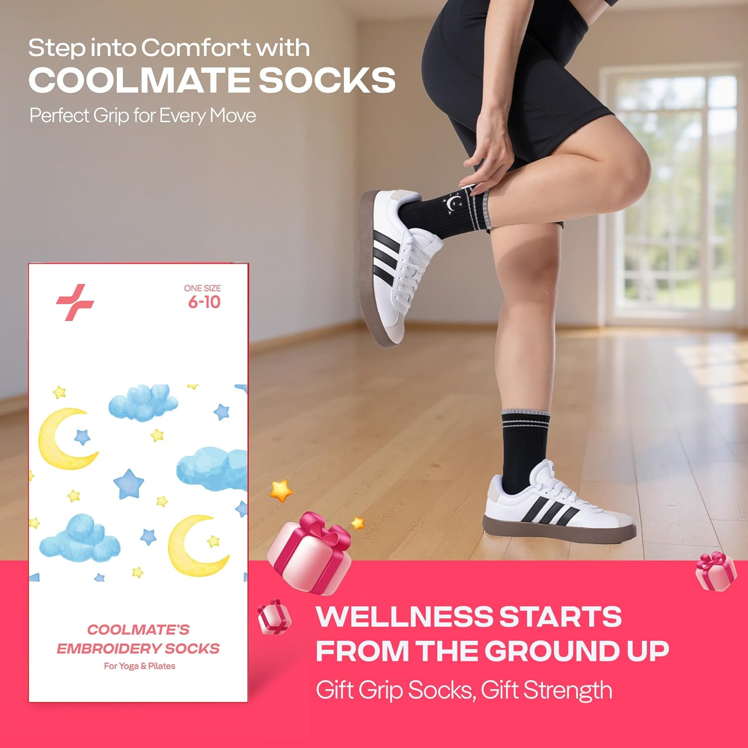CoolMate 女式普拉提袜,瑜伽袜,船员防滑女士,适合锻炼,桶,普拉提礼品