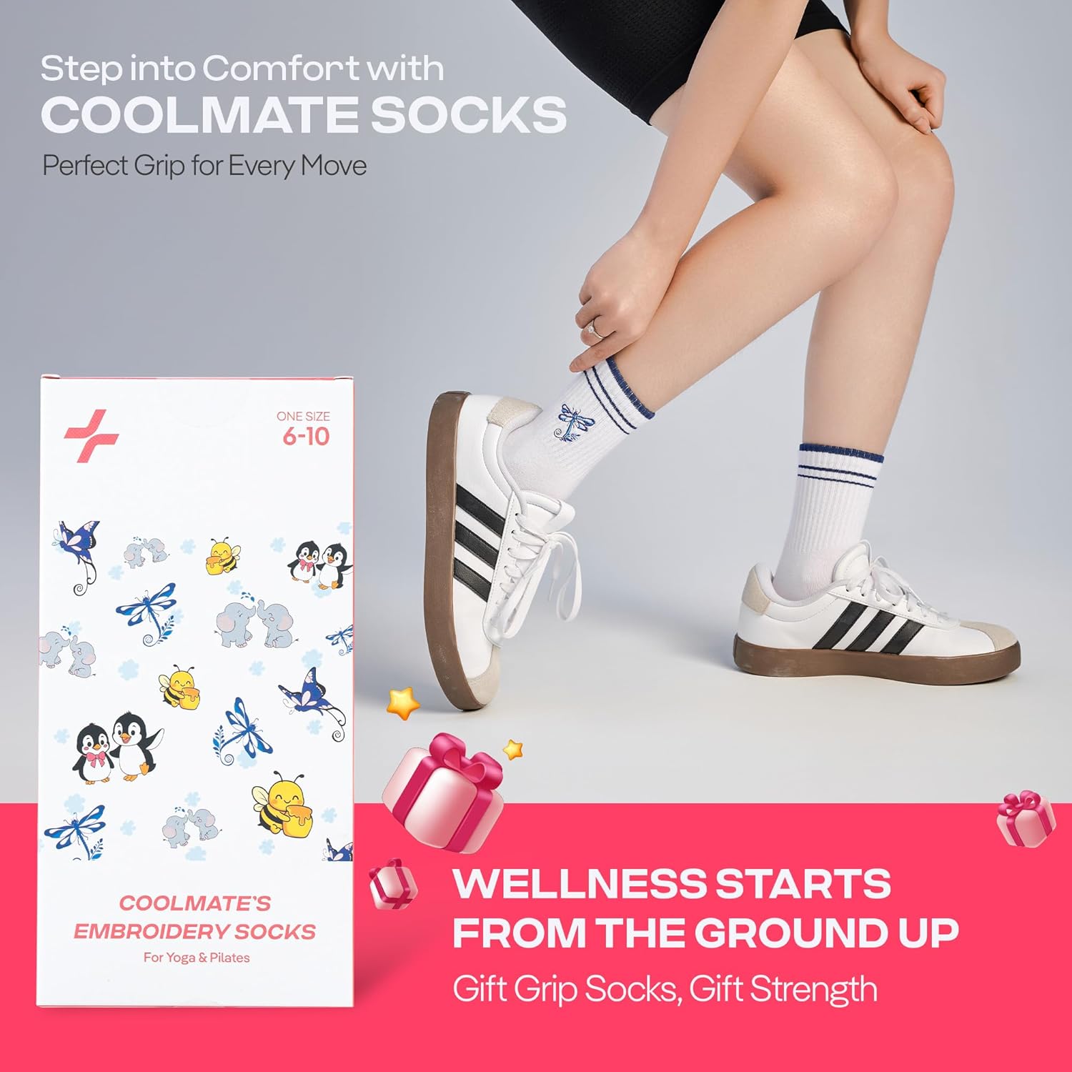 CoolMate 女式普拉提袜,瑜伽袜,船员防滑女士,适合锻炼,桶,普拉提礼品