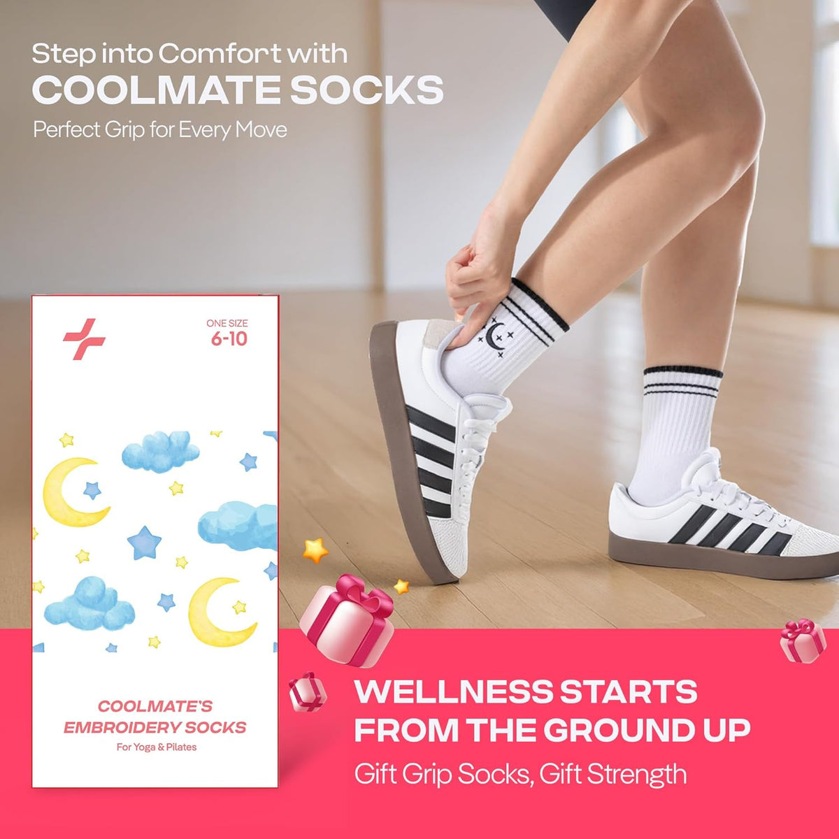 CoolMate 女式普拉提袜,瑜伽袜,船员防滑女士,适合锻炼,桶,普拉提礼品
