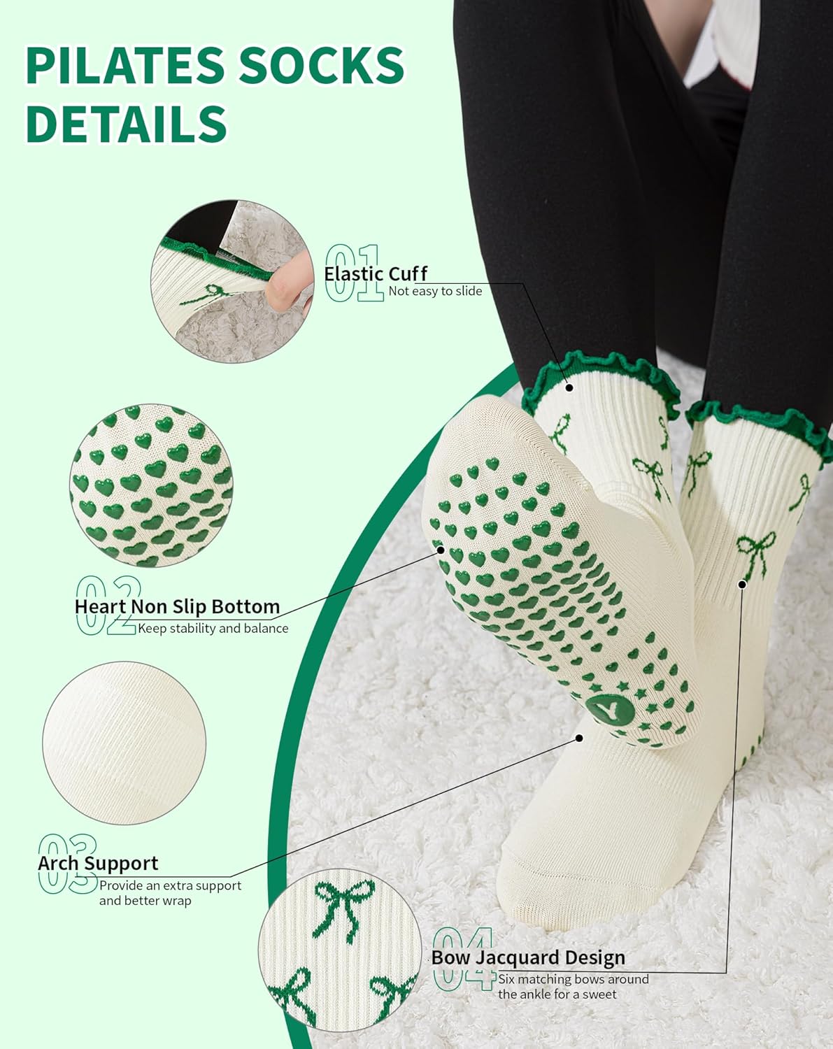 Yawlsow Pilates 女式防滑袜 瑜伽 抓地力袜 可爱 Barre 防滑运动船员 粘性袜子 锻炼 医院
