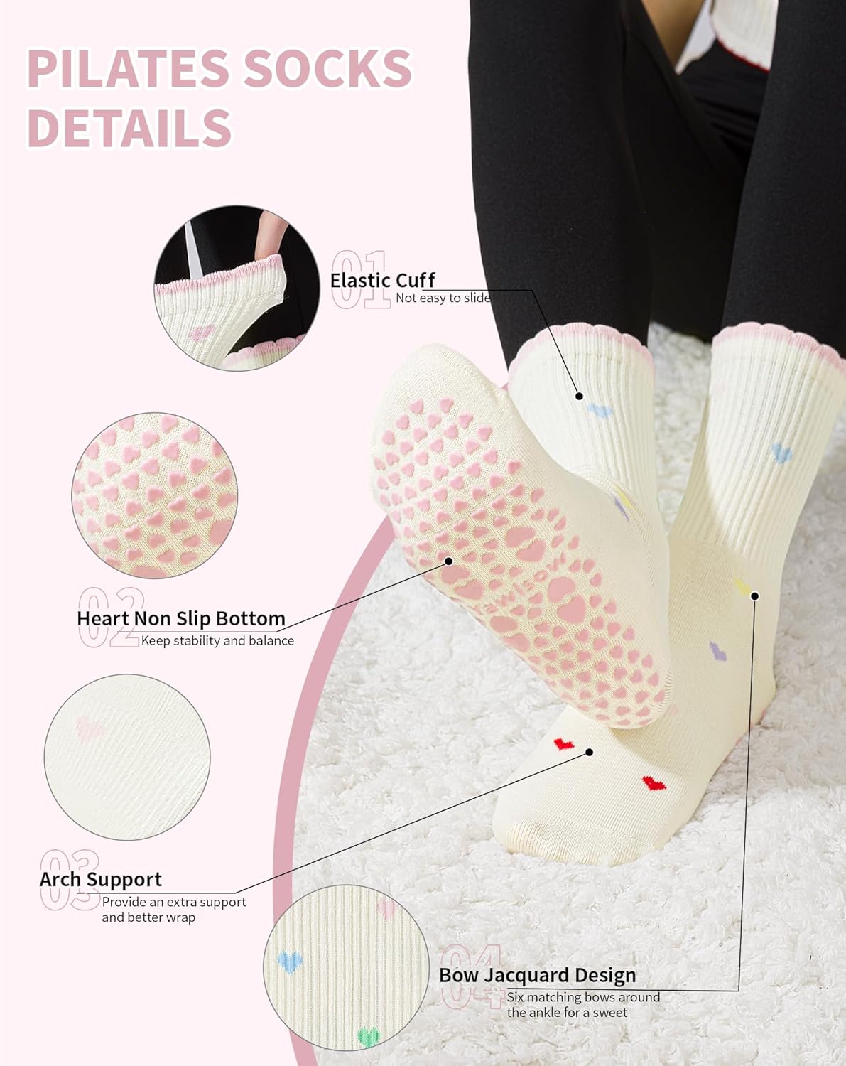 Yawlsow Pilates 女式防滑袜 瑜伽 抓地力袜 可爱 Barre 防滑运动船员 粘性袜子 锻炼 医院