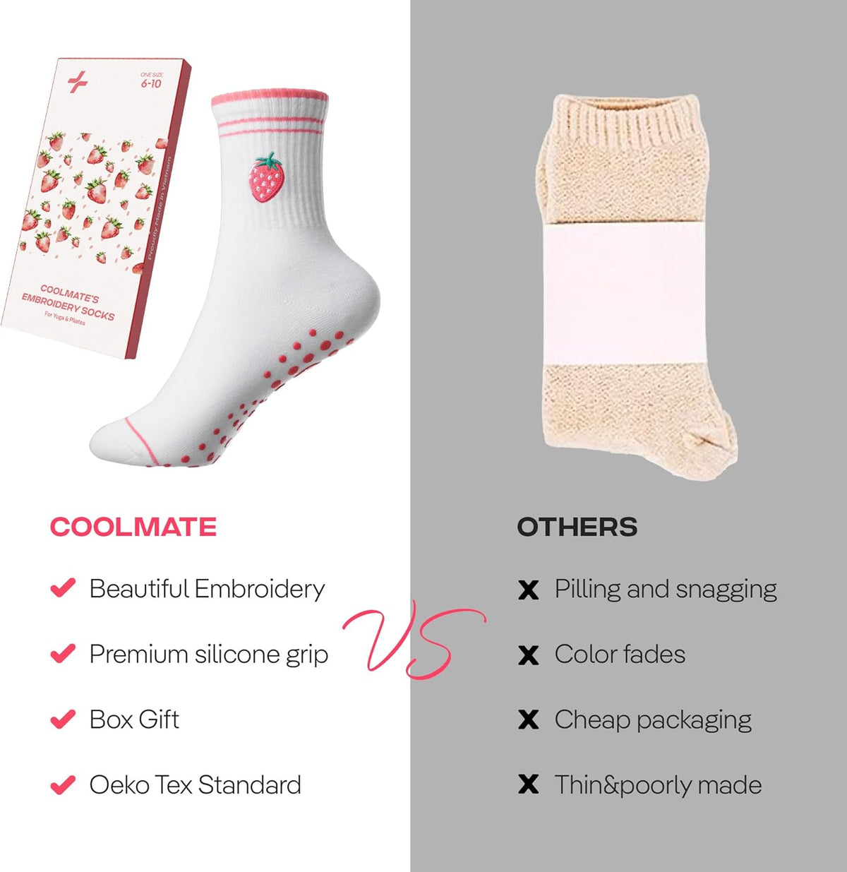 CoolMate 女式普拉提袜,瑜伽袜,船员防滑女士,适合锻炼,桶,普拉提礼品