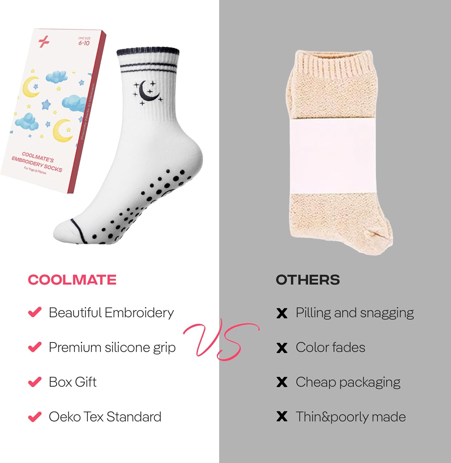 CoolMate 女式普拉提袜,瑜伽袜,船员防滑女士,适合锻炼,桶,普拉提礼品