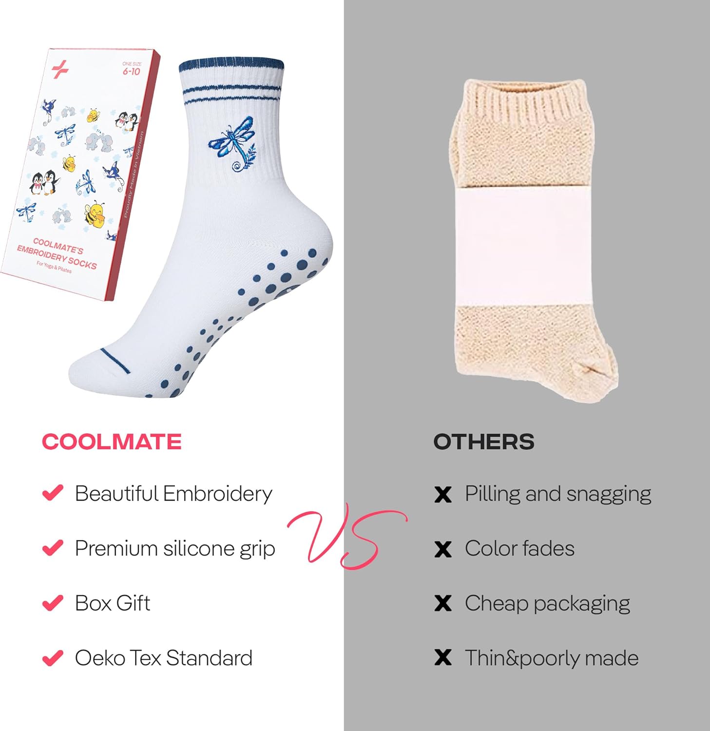 CoolMate 女式普拉提袜,瑜伽袜,船员防滑女士,适合锻炼,桶,普拉提礼品