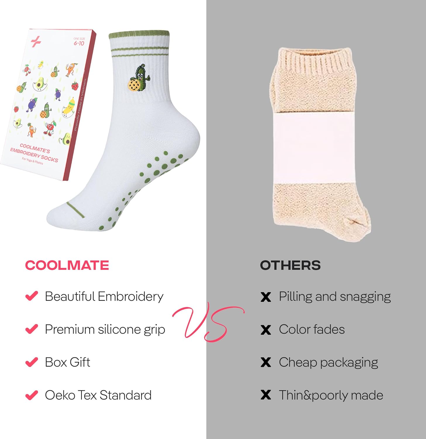 CoolMate 女式普拉提袜,瑜伽袜,船员防滑女士,适合锻炼,桶,普拉提礼品