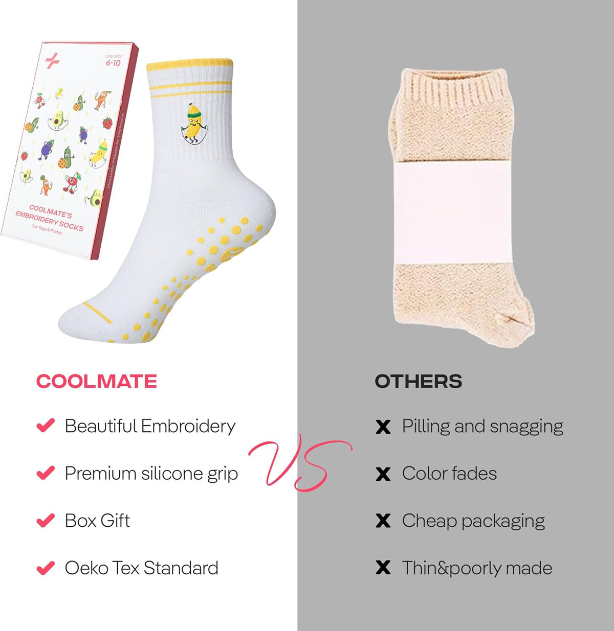 CoolMate 女式普拉提袜,瑜伽袜,船员防滑女士,适合锻炼,桶,普拉提礼品