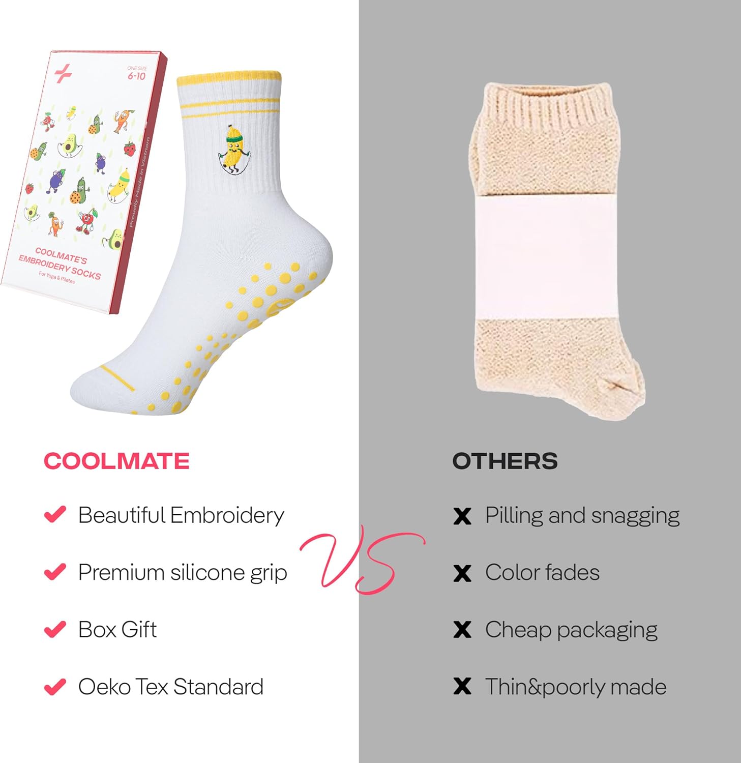 CoolMate 女式普拉提袜,瑜伽袜,船员防滑女士,适合锻炼,桶,普拉提礼品