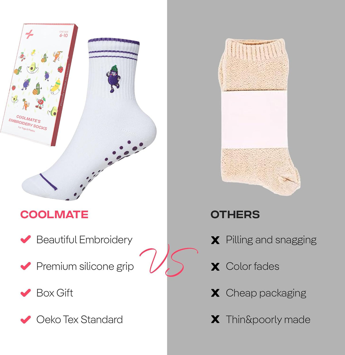 CoolMate 女式普拉提袜,瑜伽袜,船员防滑女士,适合锻炼,桶,普拉提礼品