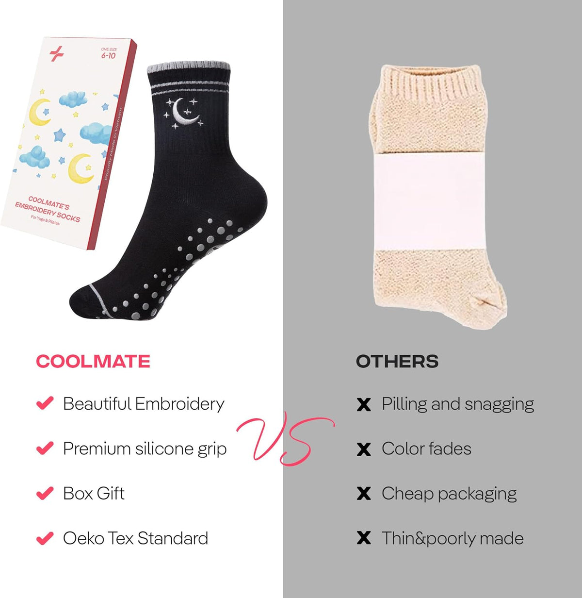 CoolMate 女式普拉提袜,瑜伽袜,船员防滑女士,适合锻炼,桶,普拉提礼品