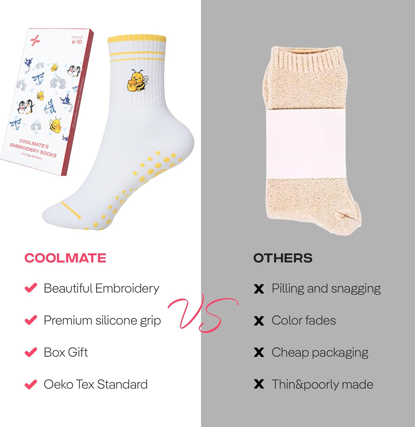 CoolMate 女式普拉提袜,瑜伽袜,船员防滑女士,适合锻炼,桶,普拉提礼品