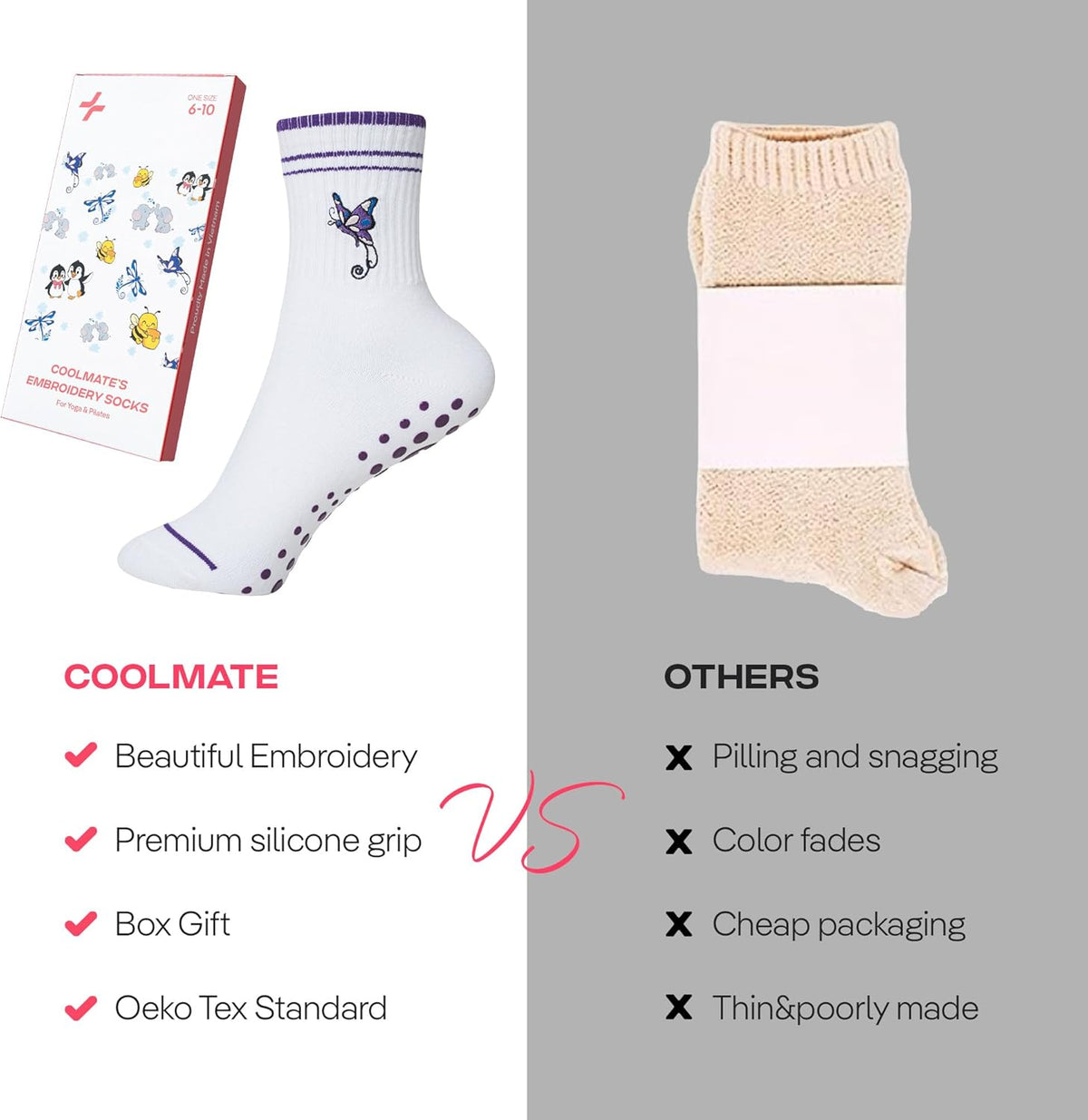 CoolMate 女式普拉提袜,瑜伽袜,船员防滑女士,适合锻炼,桶,普拉提礼品