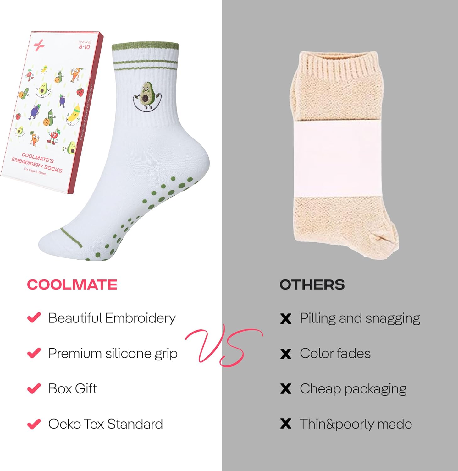 CoolMate 女式普拉提袜,瑜伽袜,船员防滑女士,适合锻炼,桶,普拉提礼品