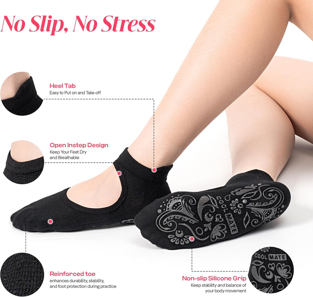 CoolMate 女式普拉提袜,瑜伽袜,船员防滑女士,适合锻炼,桶,普拉提礼品