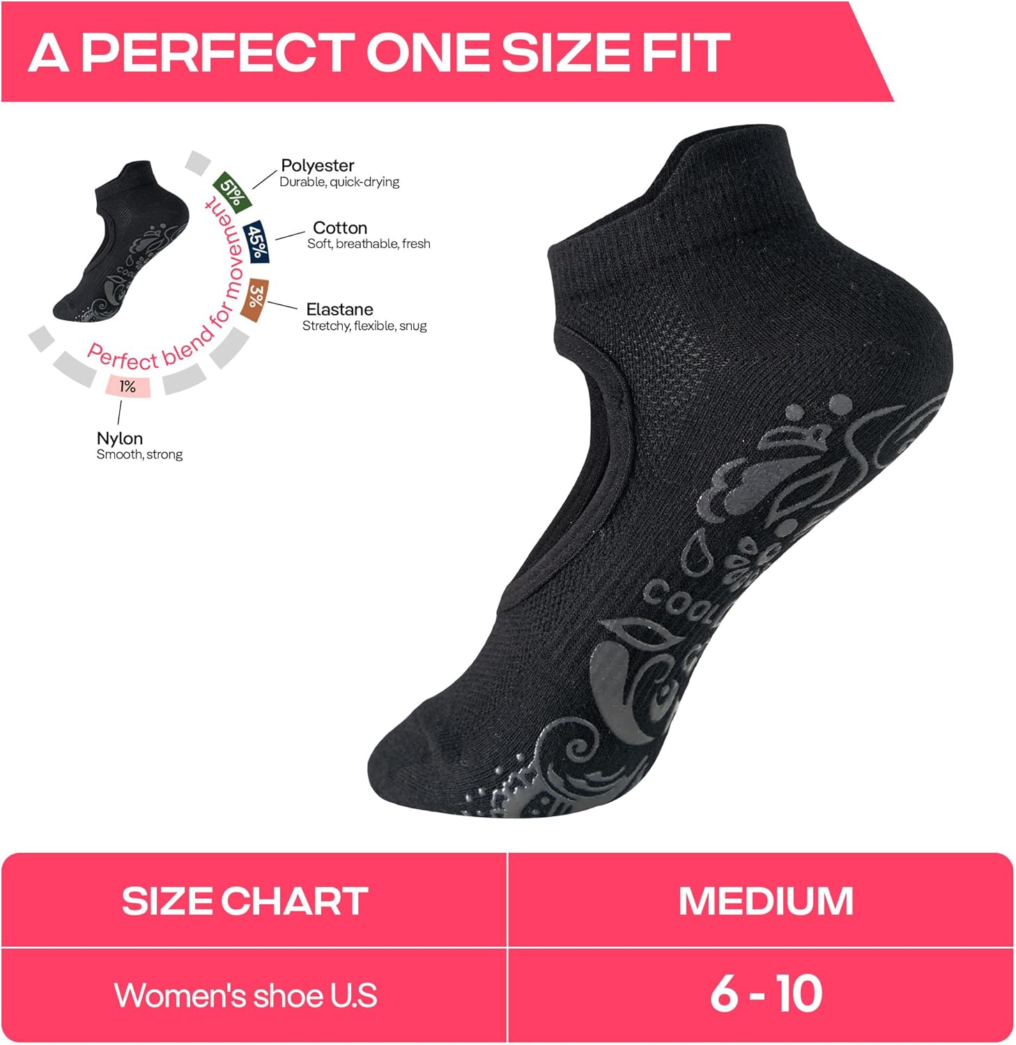 CoolMate 女式普拉提袜,瑜伽袜,船员防滑女士,适合锻炼,桶,普拉提礼品