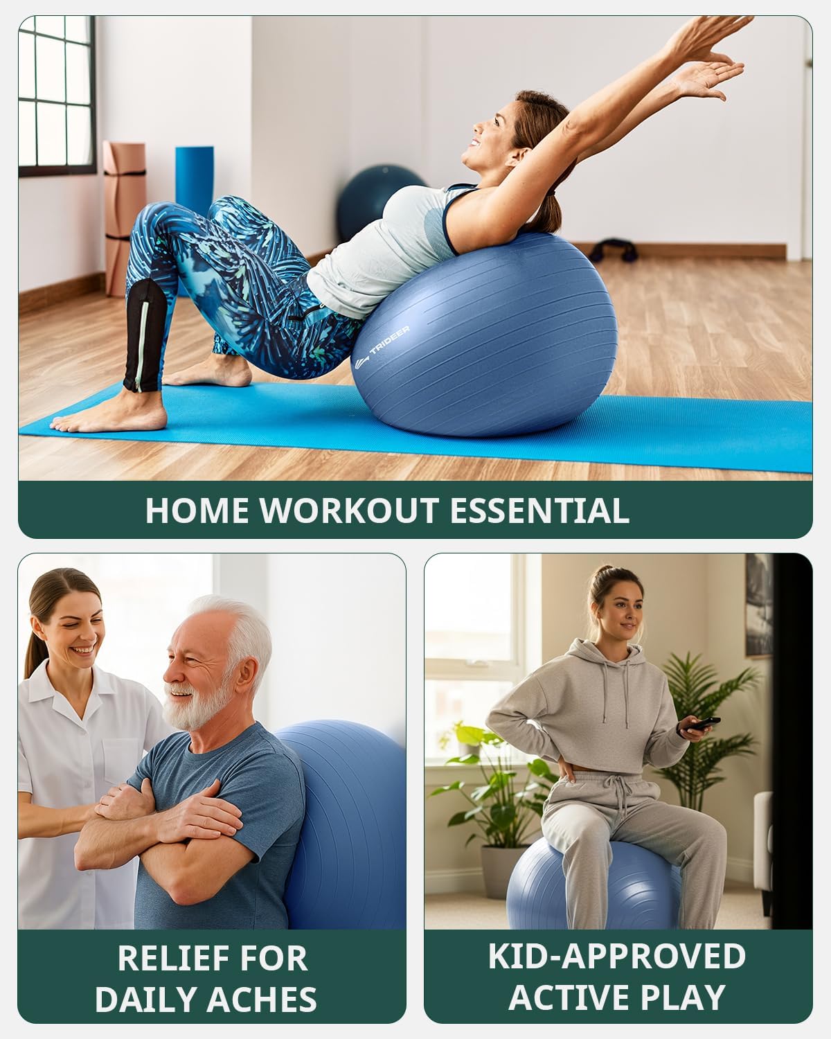 Trideer 健身球瑜伽球,办公室座椅和平衡球椅,普拉提稳定球,物理治疗,核心训练和平衡改善和拉伸