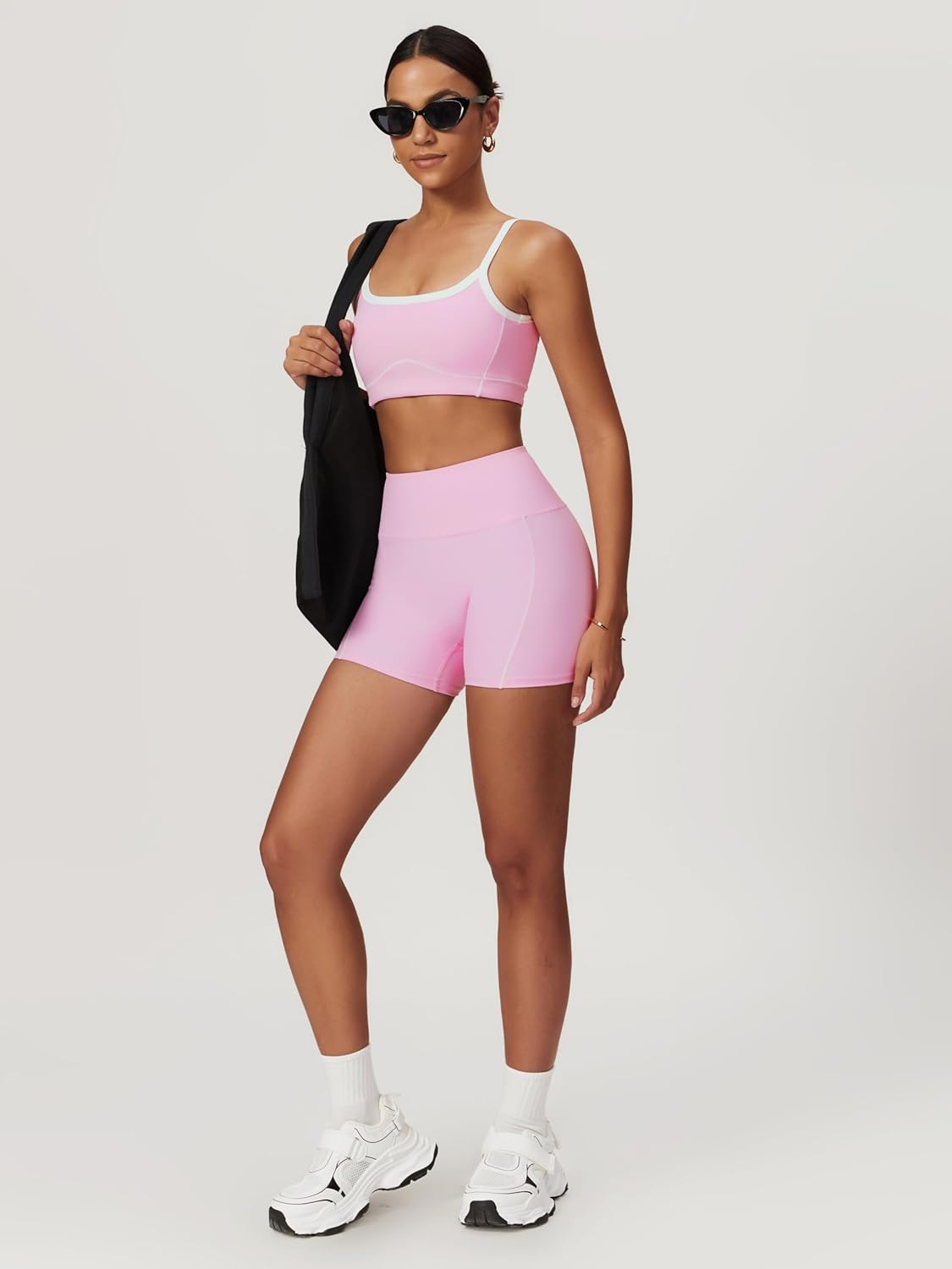 两件套女式锻炼套装拼色运动文胸和提臀短裤健身房瑜伽运动服装