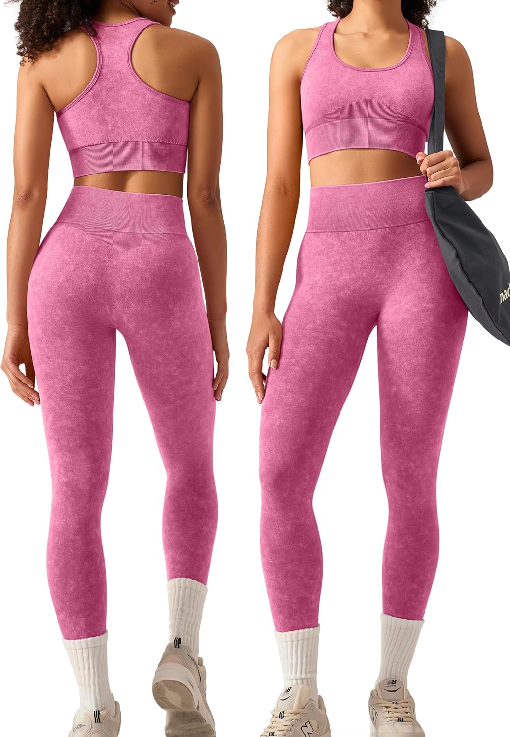 OLCHEE 女式锻炼套装 2 件套 - 酸洗无缝瑜伽服高腰打底裤加垫工字背心运动文胸健身房套装