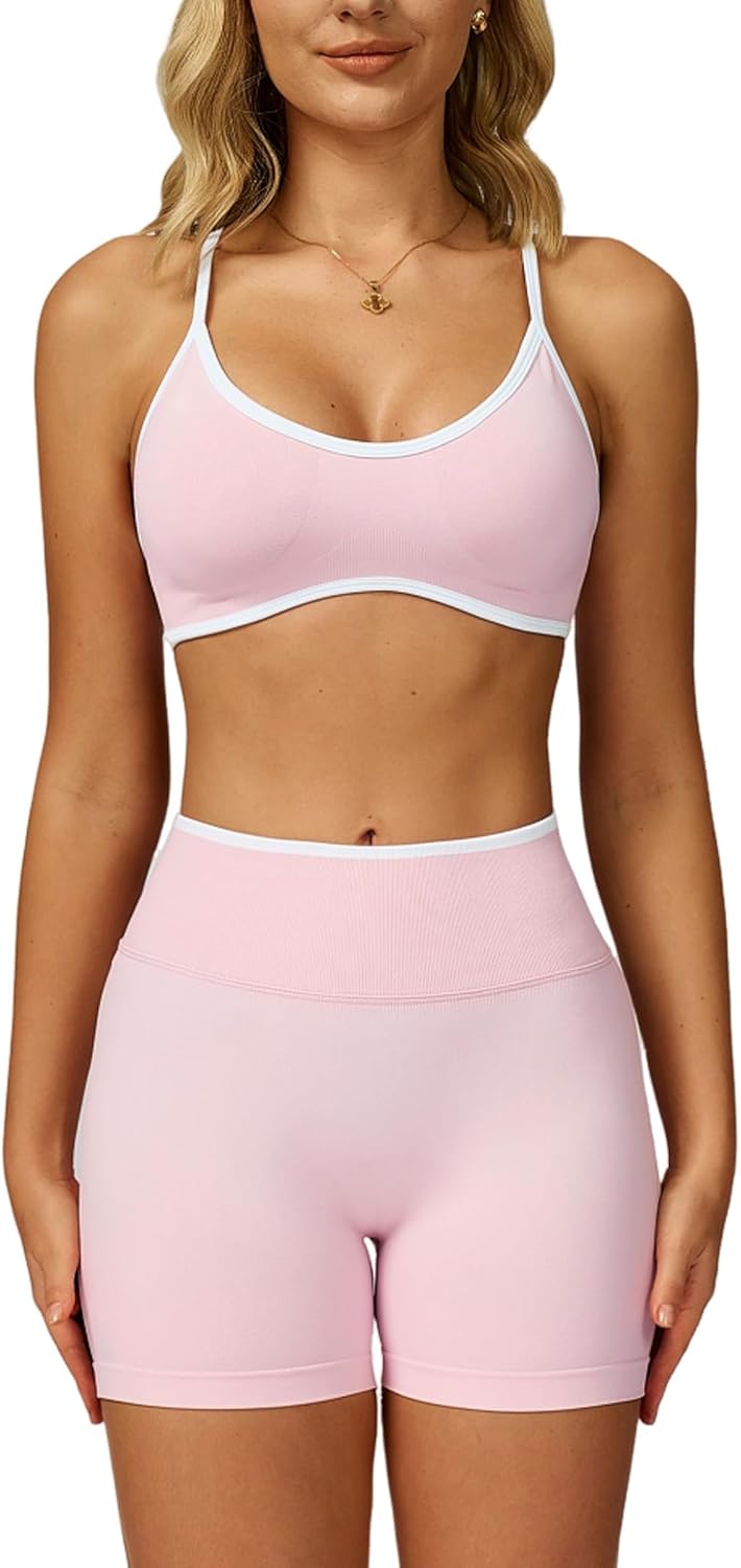 两件套女式锻炼套装拼色运动文胸和提臀短裤健身房瑜伽运动服装