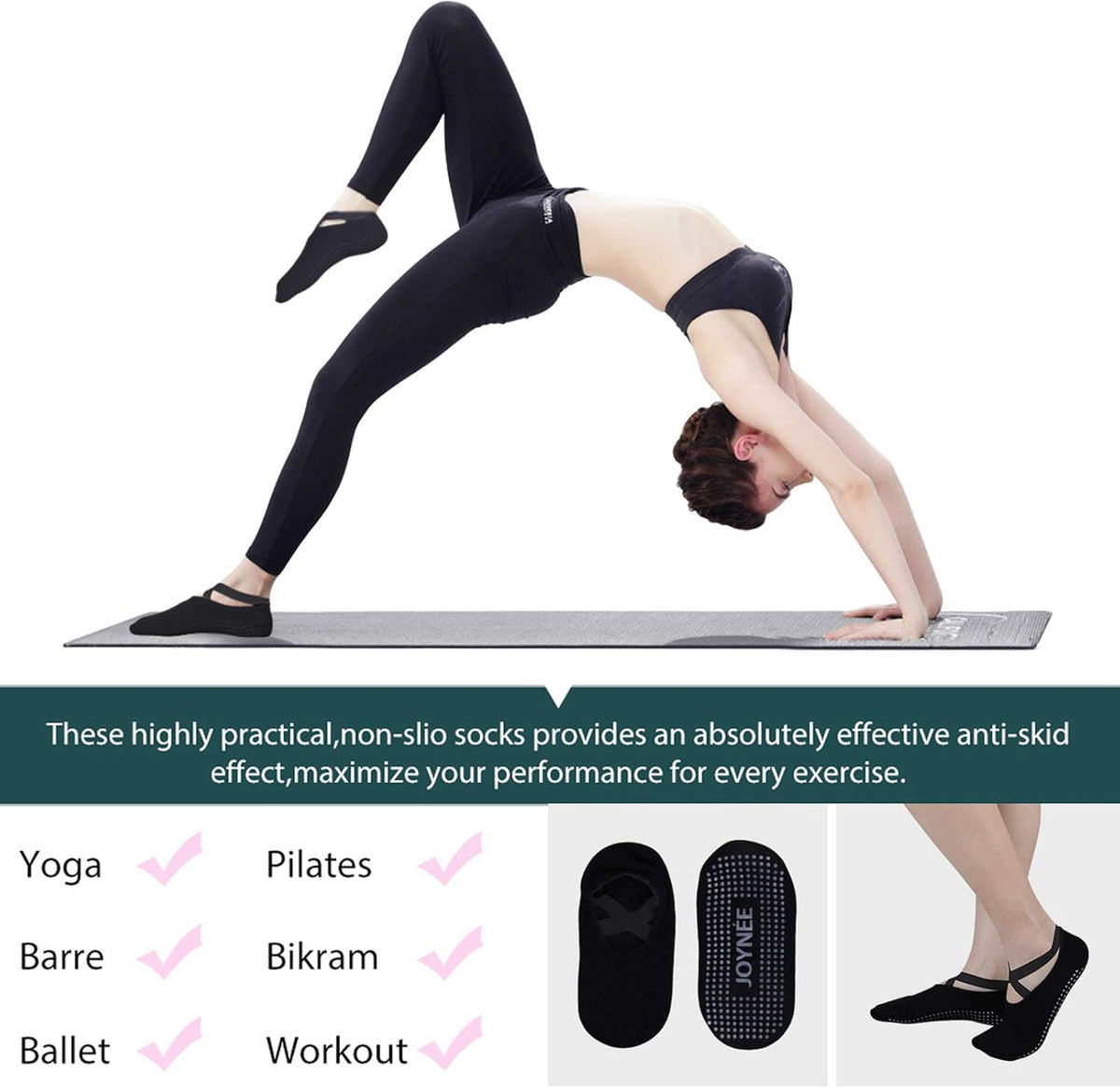 JOYNÉE 女士防滑瑜伽袜带抓地力,非常适合普拉提、杆、舞蹈、医院、健身 3 双装