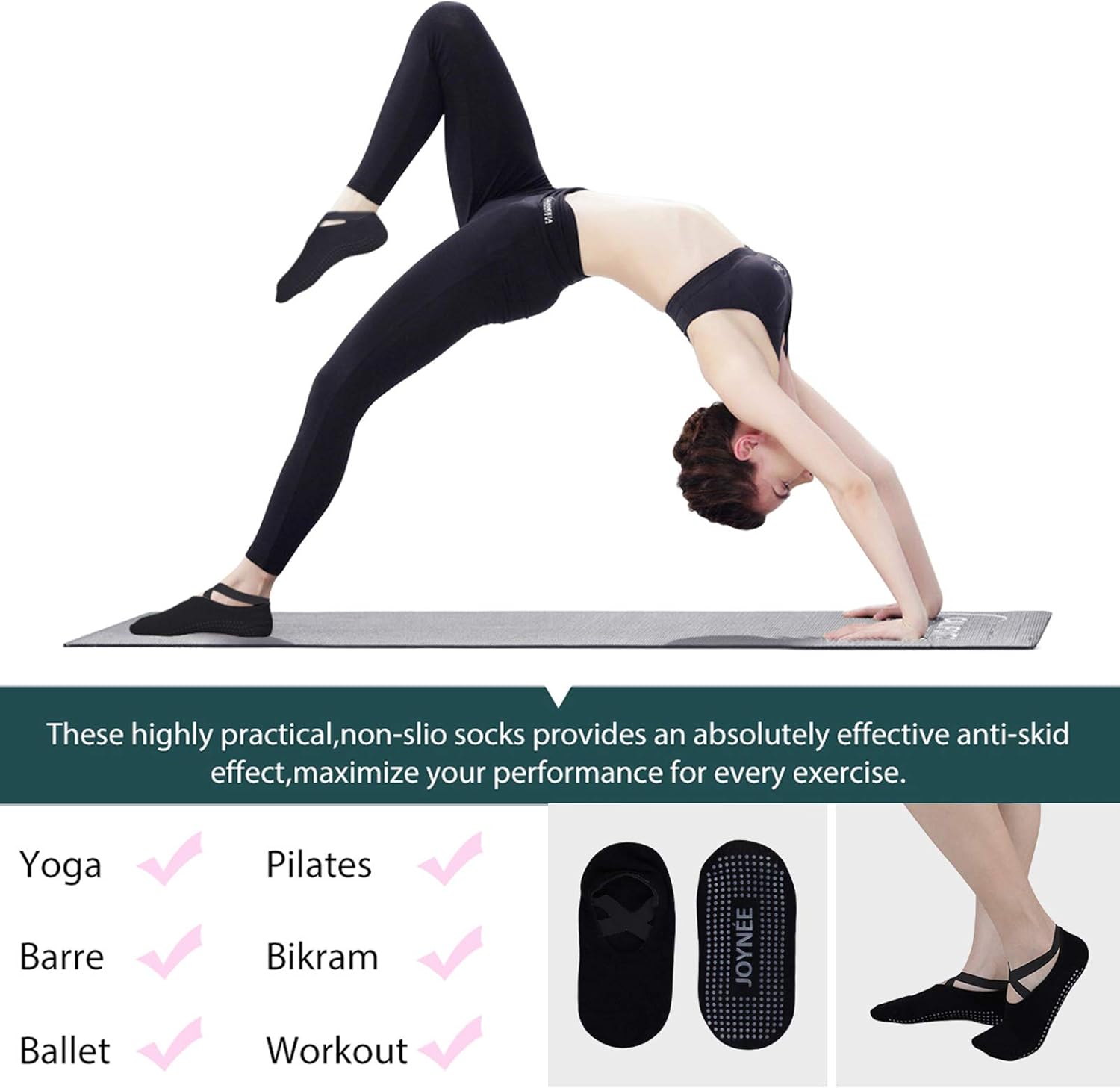 JOYNÉE 女士防滑瑜伽袜带抓地力,非常适合普拉提、杆、舞蹈、医院、健身 3 双装