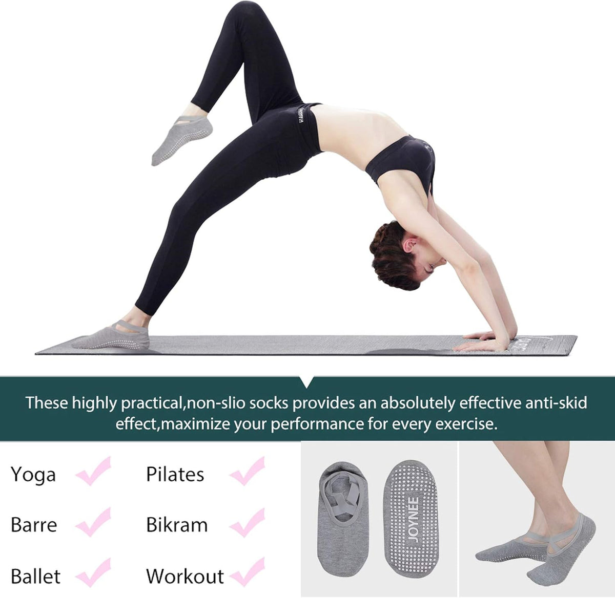 JOYNÉE 女士防滑瑜伽袜带抓地力,非常适合普拉提、杆、舞蹈、医院、健身 3 双装