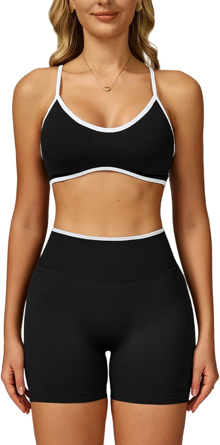 两件套女式锻炼套装拼色运动文胸和提臀短裤健身房瑜伽运动服装