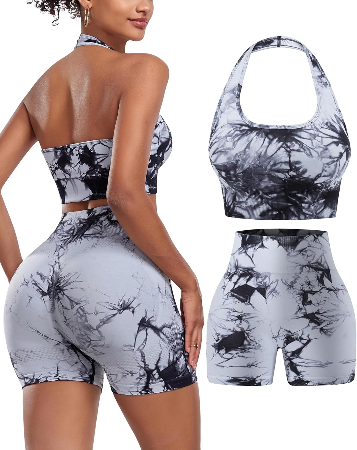 OLCHEE 女士健身套装 2 件套露背挂脖运动胸罩高腰提臀短裤瑜伽健身服休闲运动服