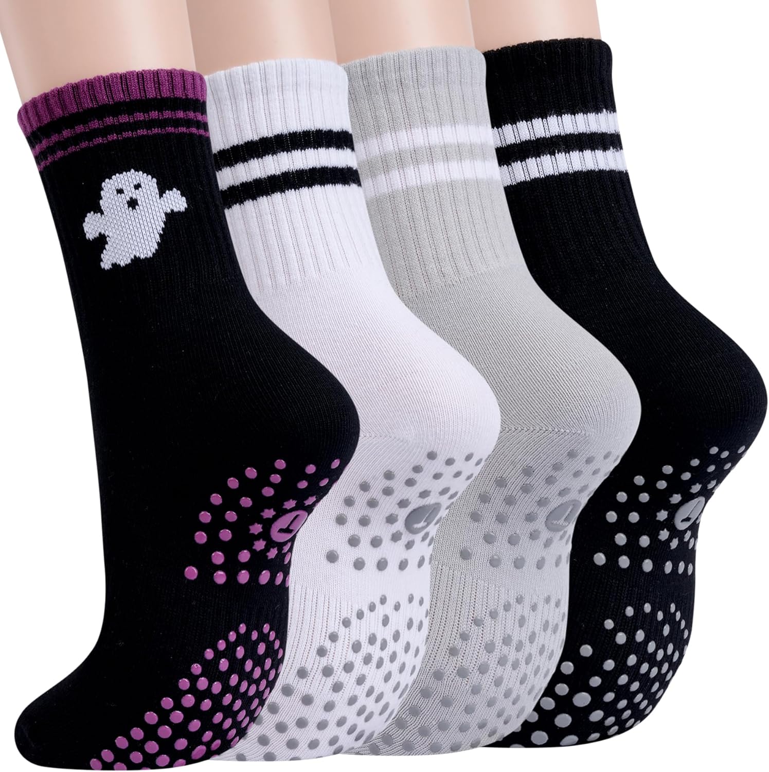 Toes Home 女式普拉提袜带防滑抓手,瑜伽船员袜适用于巴雷医院粘性拖鞋袜 4 双装