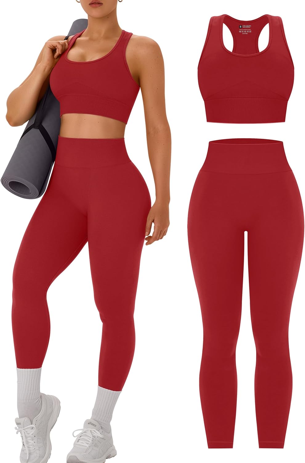 OLCHEE 女式锻炼套装 2 件套 - 酸洗无缝瑜伽服高腰打底裤加垫工字背心运动文胸健身房套装