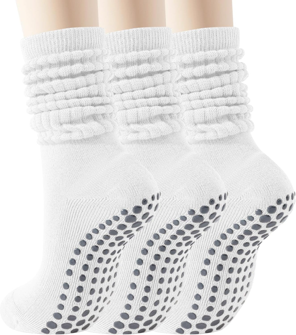 Pilates Socks with Grips for Women, 3 Pairs Long Scrunch Non Slip Yoga Barre Workout Slouch Socks