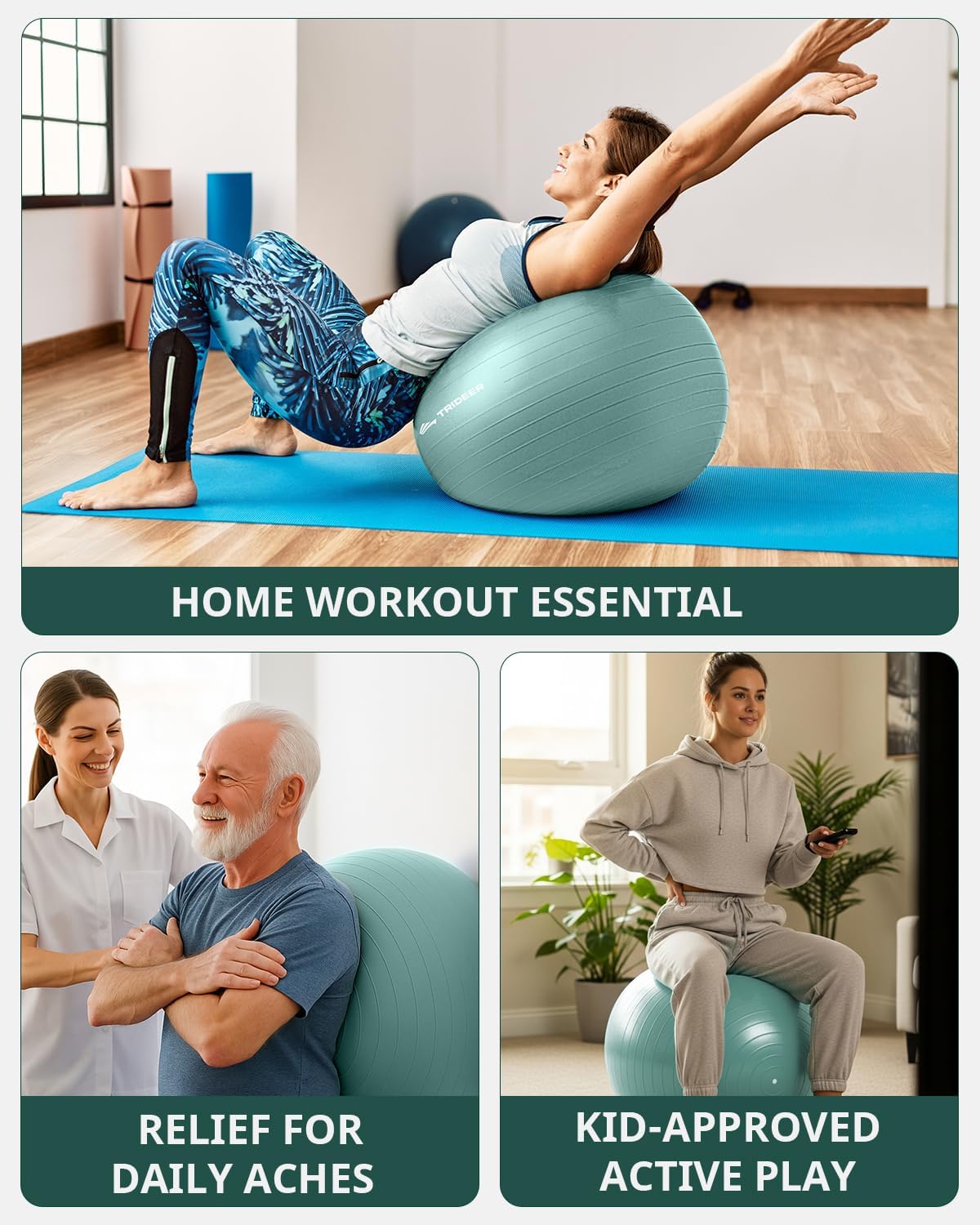 Trideer 健身球瑜伽球,办公室座椅和平衡球椅,普拉提稳定球,物理治疗,核心训练和平衡改善和拉伸