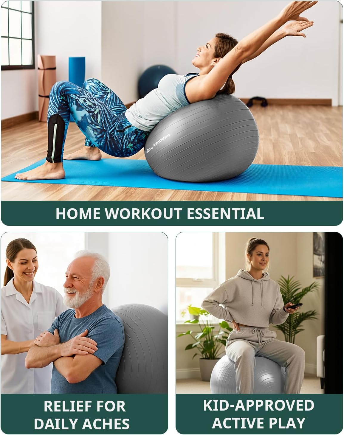 Trideer 健身球瑜伽球,办公室座椅和平衡球椅,普拉提稳定球,物理治疗,核心训练和平衡改善和拉伸