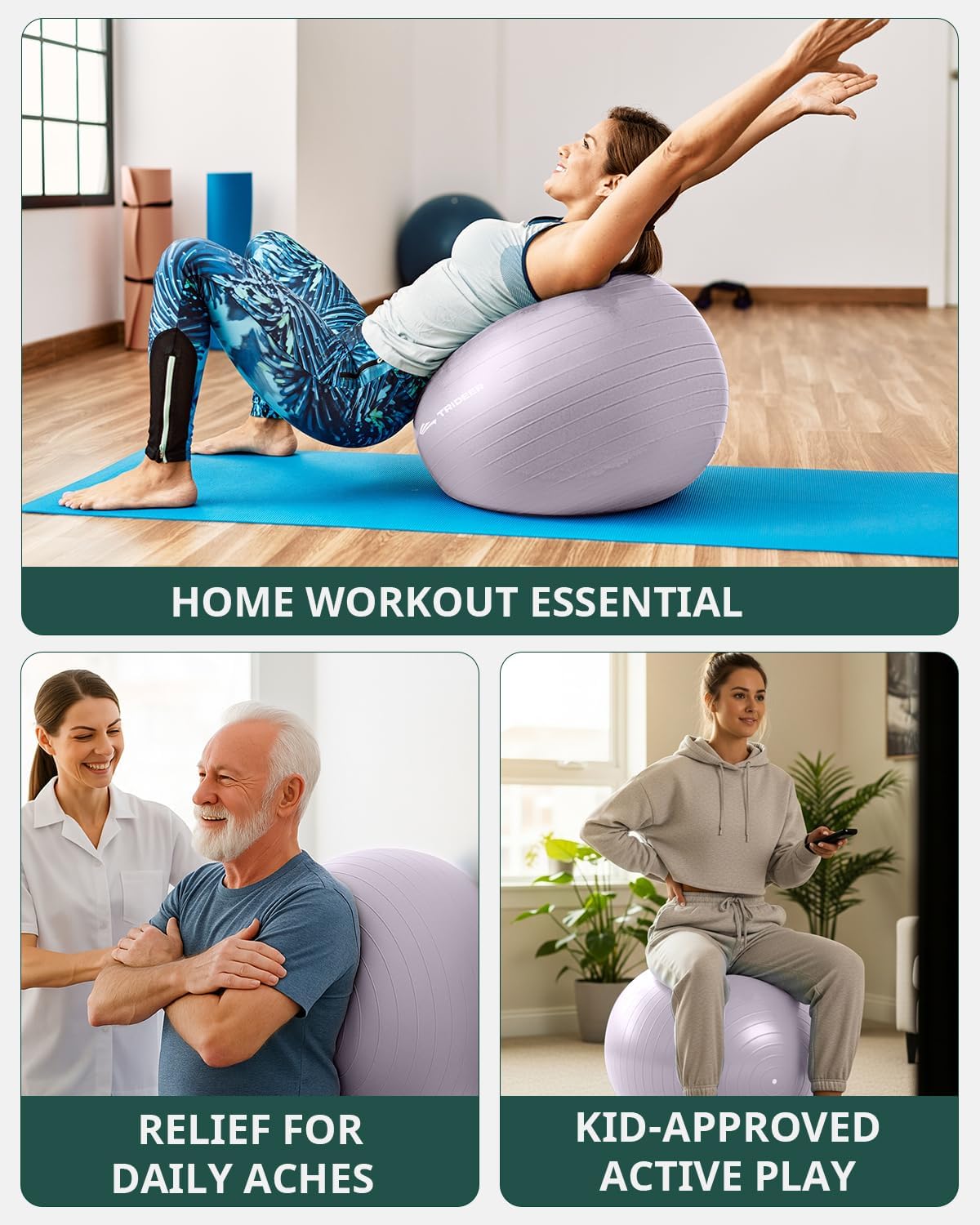 Trideer 健身球瑜伽球,办公室座椅和平衡球椅,普拉提稳定球,物理治疗,核心训练和平衡改善和拉伸