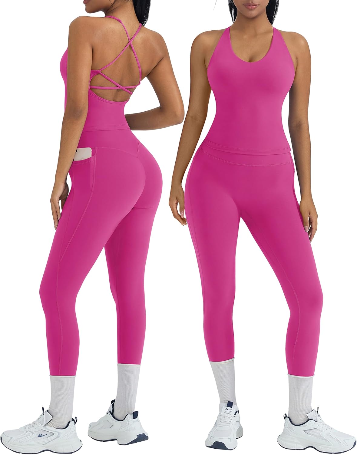OMKAGI 2 件套女士健身套装,加垫健身上衣,带口袋,健身套装