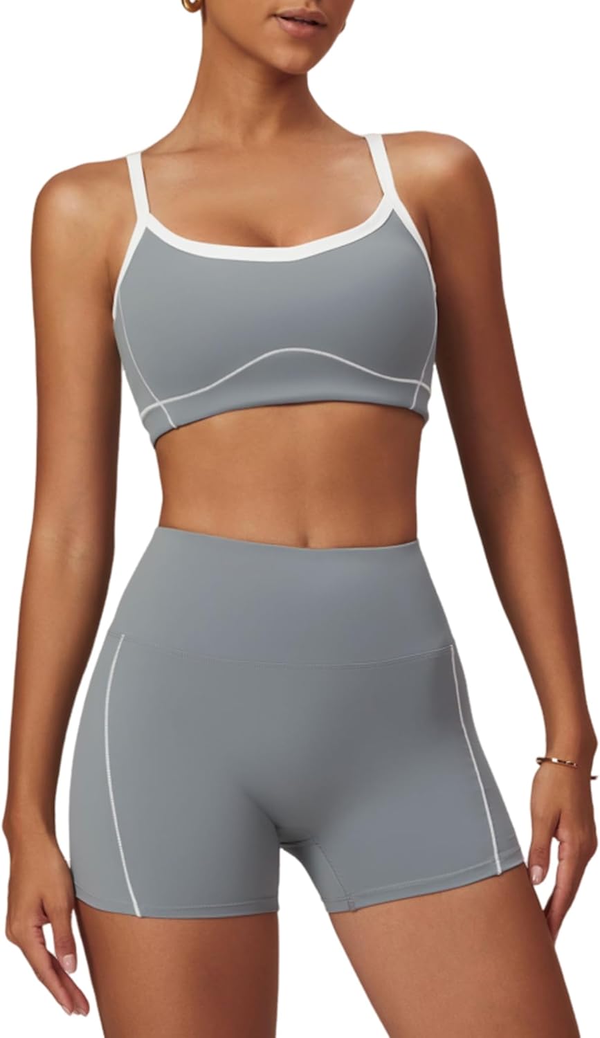 两件套女式锻炼套装拼色运动文胸和提臀短裤健身房瑜伽运动服装