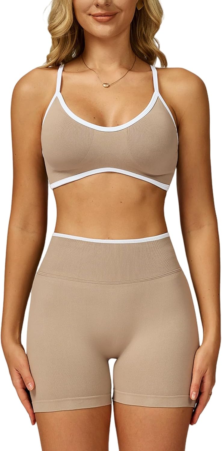 两件套女式锻炼套装拼色运动文胸和提臀短裤健身房瑜伽运动服装