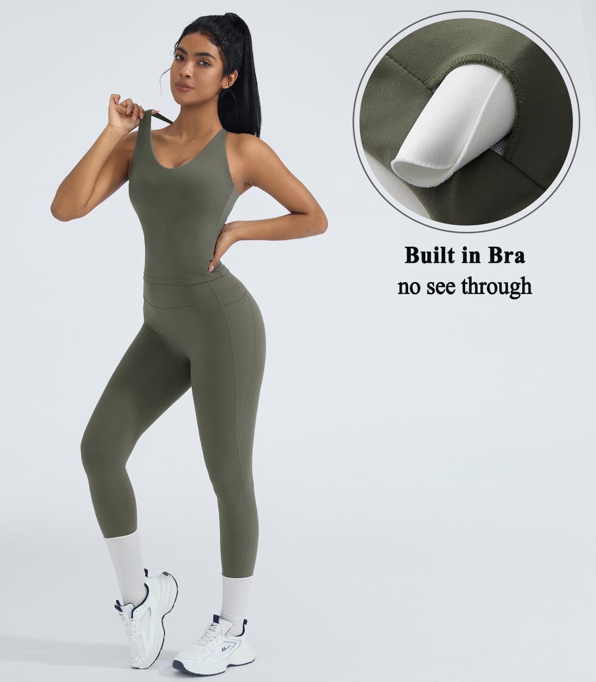 OMKAGI 2 件套女士健身套装,加垫健身上衣,带口袋,健身套装