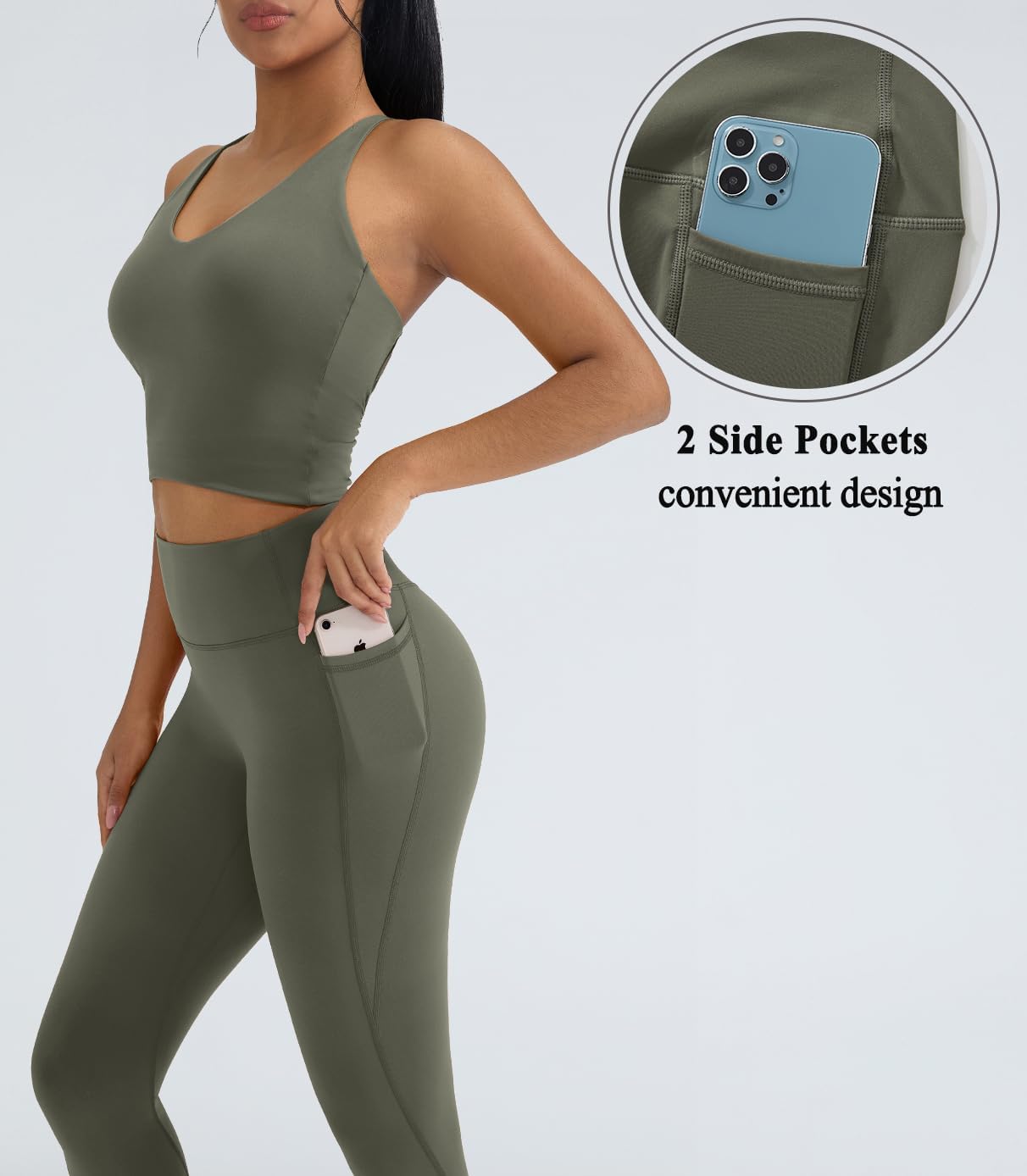 OMKAGI 2 件套女士健身套装,加垫健身上衣,带口袋,健身套装