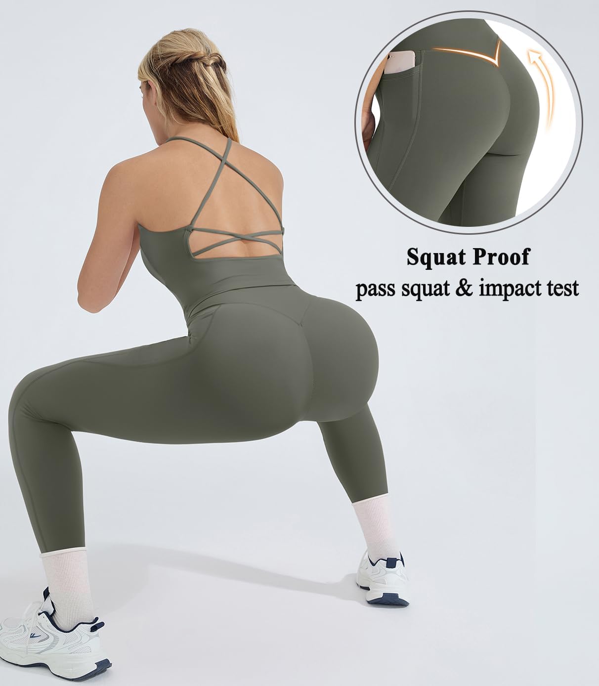 OMKAGI 2 件套女士健身套装,加垫健身上衣,带口袋,健身套装