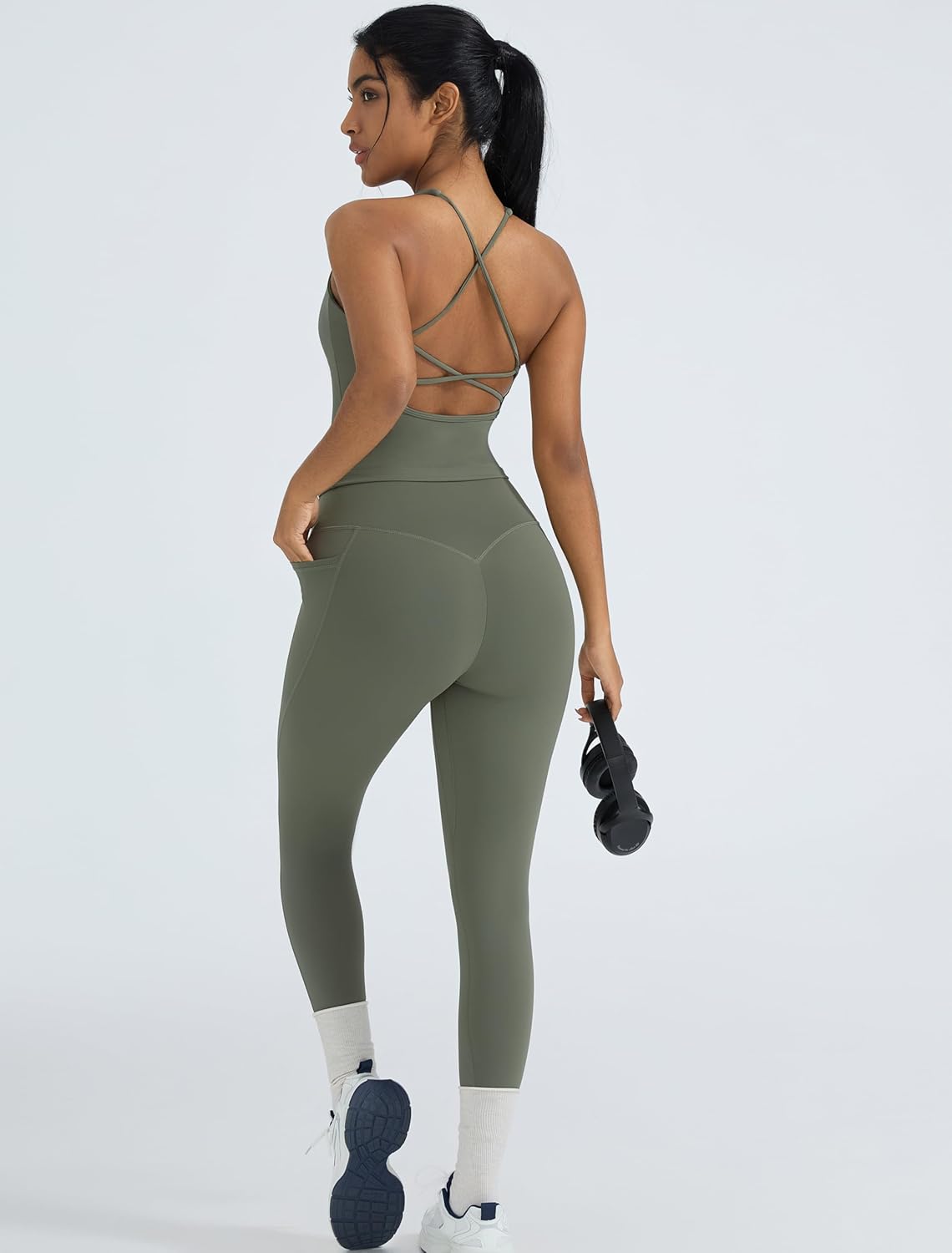 OMKAGI 2 件套女士健身套装,加垫健身上衣,带口袋,健身套装