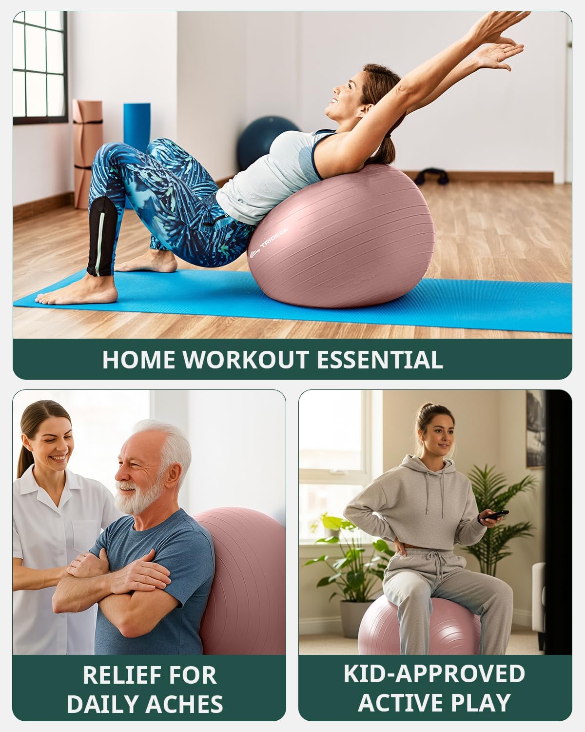 Trideer 健身球瑜伽球,办公室座椅和平衡球椅,普拉提稳定球,物理治疗,核心训练和平衡改善和拉伸