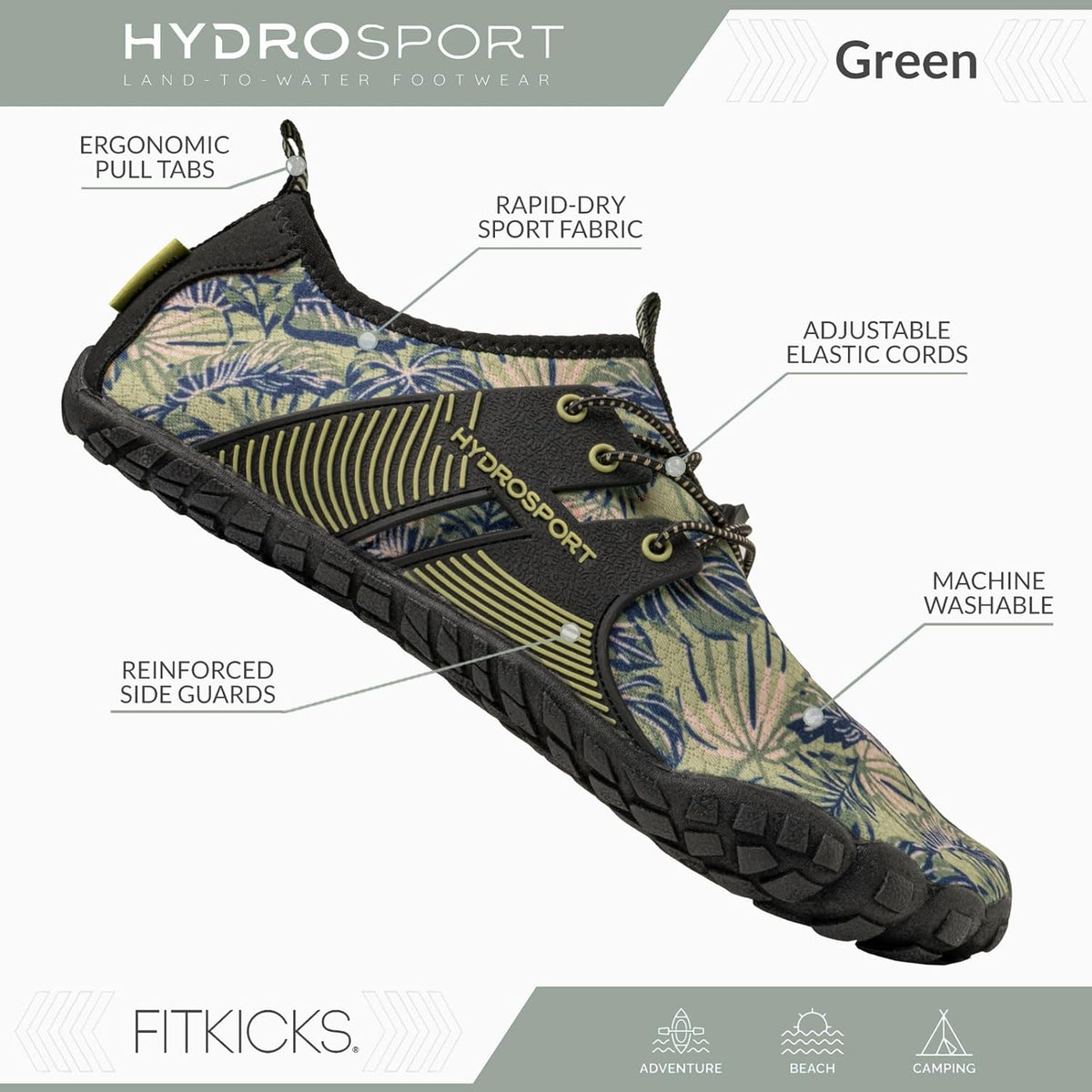 FITKICKS HydroSport 陆到水鞋,中性赤脚鞋,适合海滩、瑜伽、冲浪、露营配饰,男女皆宜的多功能赤脚鞋