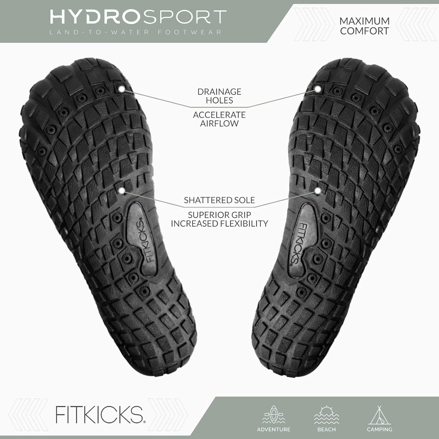 FITKICKS HydroSport 陆到水鞋,中性赤脚鞋,适合海滩、瑜伽、冲浪、露营配饰,男女皆宜的多功能赤脚鞋
