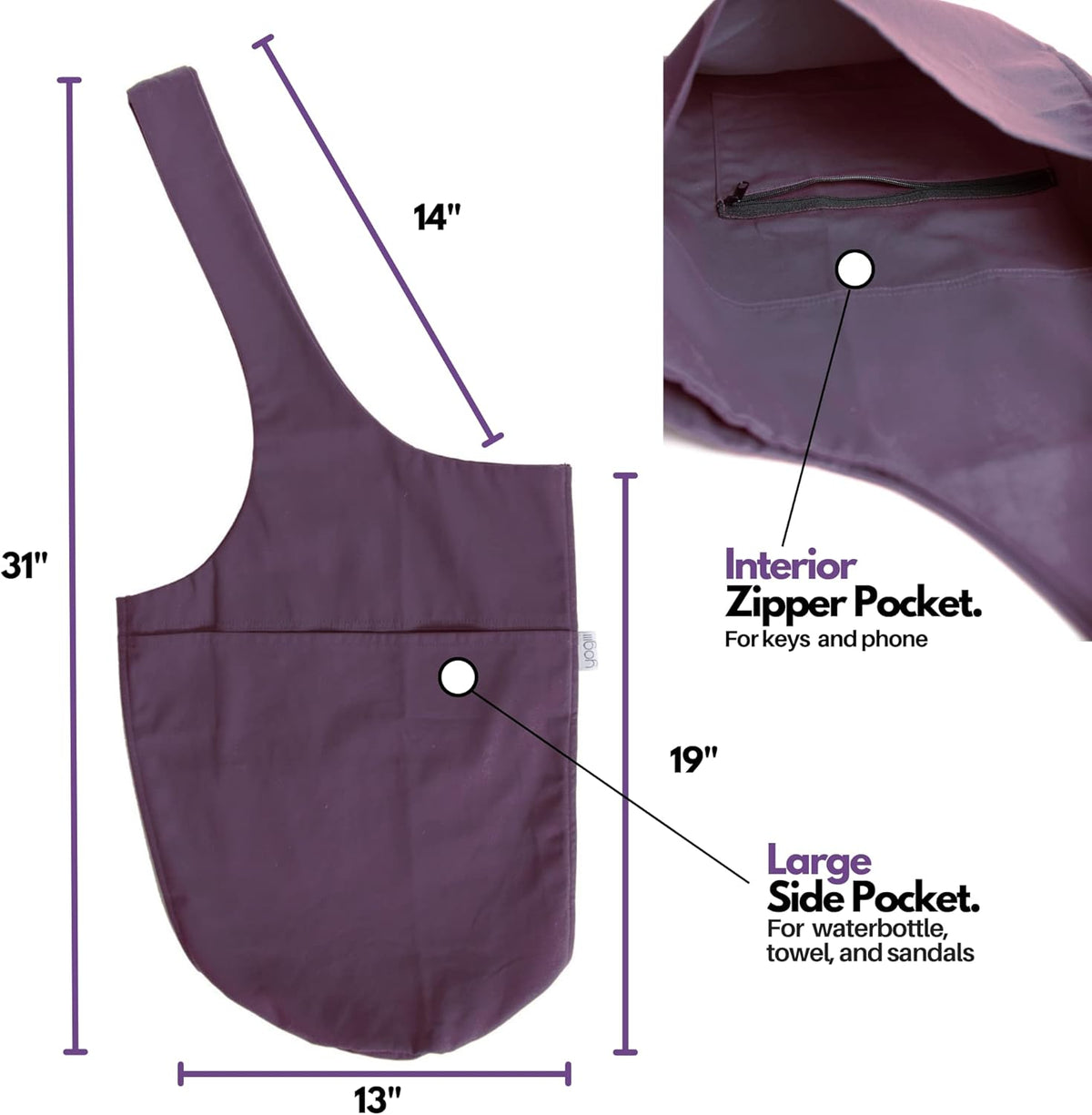 Yogiii 瑜伽垫包 | The Original YogiiiTote | 瑜伽垫托特包 带大侧袋和拉链口袋 | 适合大多数尺寸的垫子